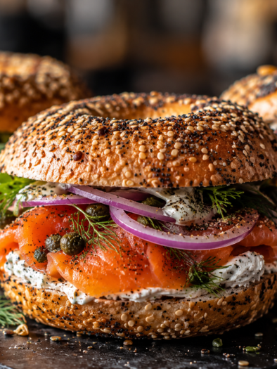 <p>Planned bagels with smoked salmon, cream cheese, red onions, tomatoes, and lettuce | © ChatGPT Image
