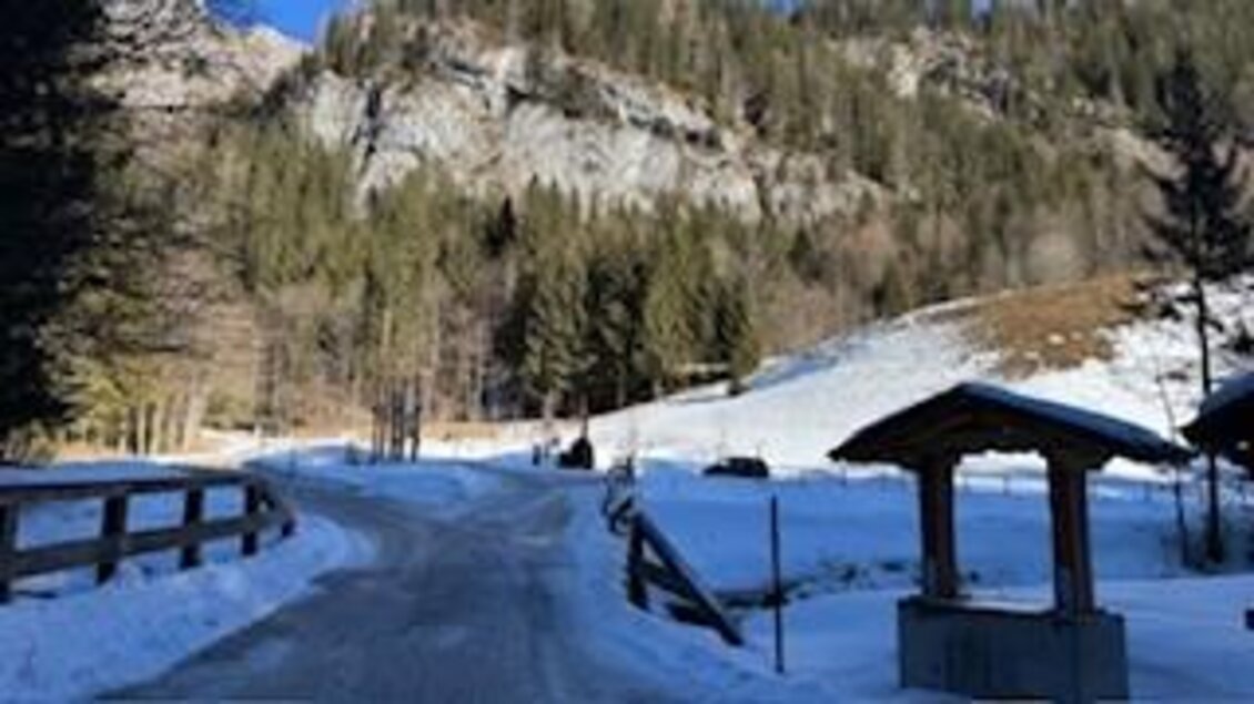 Eine verschneite Straße führt durch eine winterliche Landschaft mit hohen Bäumen und Bergen. Im Vordergrund steht ein kleines Holzgebäude. | © Hanna Giraudo