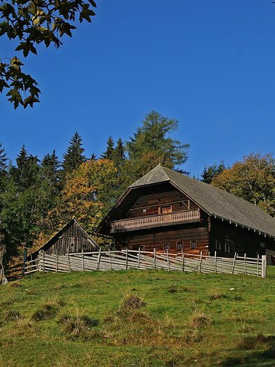Ein traditionelles Holzhaus liegt auf einer grünen Wiese. Im Hintergrund sind Bäume und ein klarer blauer Himmel zu sehen. | © Jakob Hiller