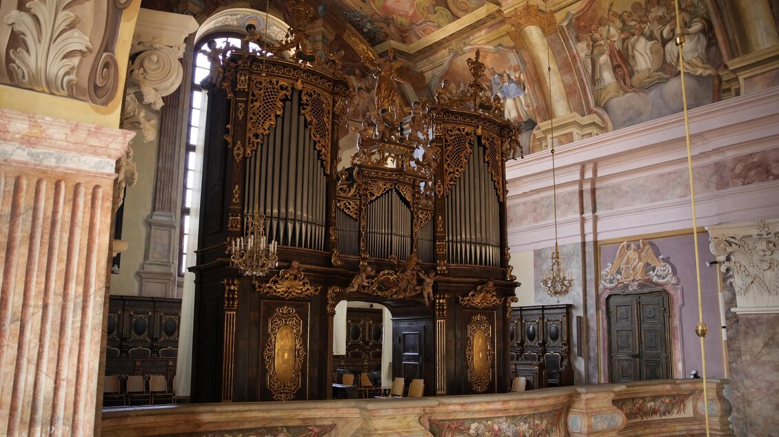 Eine prächtige Kirchenorgel aus Holz steht im Vordergrund. Die Decke ist kunstvoll mit Fresken geschmückt. | © Tourismusverband Oststeiermark