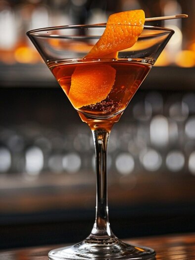 Symbolbild Cocktailglas mit Orangenzeste auf einer Bartheke vor unscharfem Hintergrund. | © Midjourney_Sarah Herzog