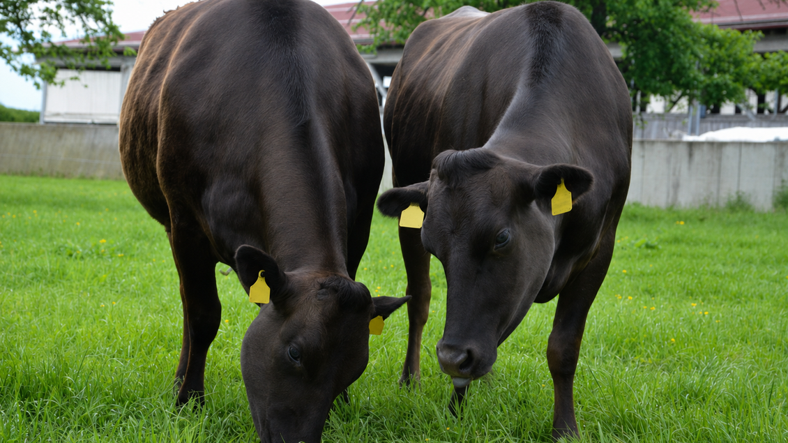 Zwei braune Kühe stehen auf einer grünen Wiese und fressen Gras. Im Hintergrund sind Bäume und ein Gebäude sichtbar. | © Familie Lanz