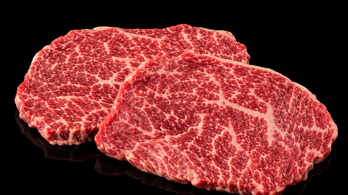 Zwei Stücke hochwertiges Fleisch mit feiner Marmorierung auf schwarzem Hintergrund. Die geschnittenen Steaks zeigen eine attraktive, rote Farbe. | © Familie Lanz