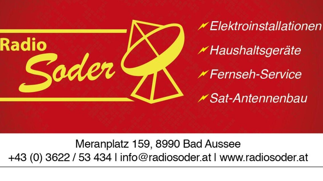 Ein rotes Werbeschild für Radio Soder mit Informationen zu Elektroinstallationen, Haushaltsgeräten, Fernseh-Service und Sat-Antennenbau. Die Kontaktdaten sind ebenfalls aufgeführt. | © Radio Soder