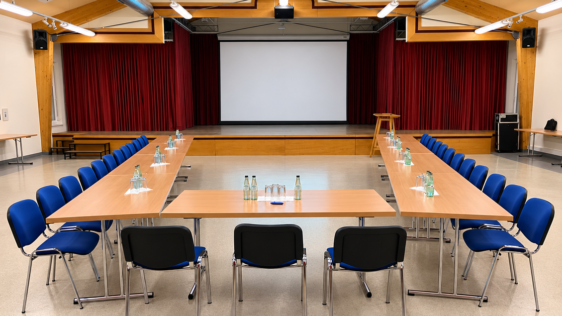 <p>Ein Konferenzraum mit einem großen Tisch in der Mitte und blauen Stühlen. Im Hintergrund befindet sich eine Projektionsfläche mit roten Vorhängen. Ludwig Hirsch Saal in der Gemeinde Buch-St. Magdalena.</p> | © Gemeinde Buch-St. Magdalena