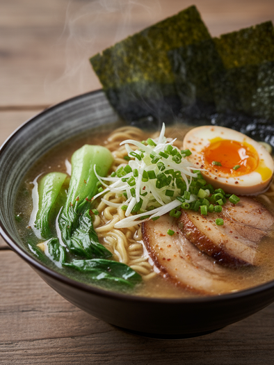 Schüssel mit dampfender Ramen-Suppe, Ei, Schweinefleisch, Pak Choi, Frühlingszwiebeln und Nori-Blättern  | © Firefly