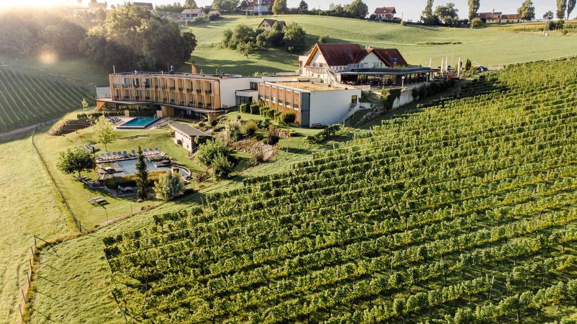 Eine malerische Landschaft mit Weinreben und einem modernen Hotel, dem Ratscher Landhaus. Im Vordergrund befindet sich ein Schwimmbad, umgeben von üppigem Grün und Weinbergen. perfekte Einzellage! | © Karin Bergmann
