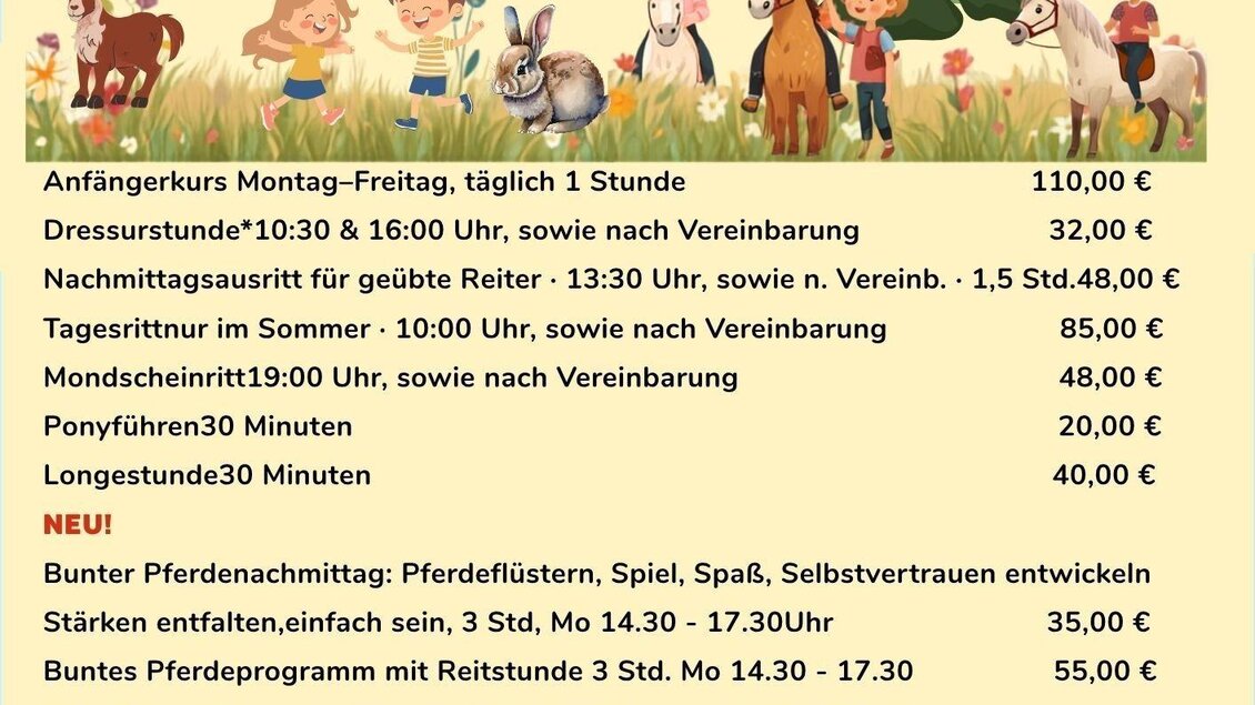 Ein Flyer mit Angeboten rund ums Pferd auf einem Reiterhof. Informationen zu verschiedenen Kursen und Preisen sind klar dargestellt. | © Reiterhof Brandstätter