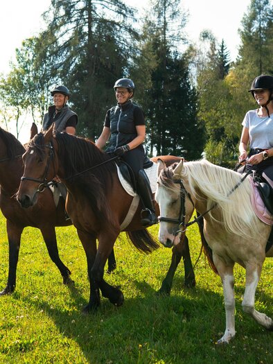 Three horsewomen on their horses are standing in a green meadow. In the background, trees and a sunny landscape are visible. | © Oststeiermark Tourismus