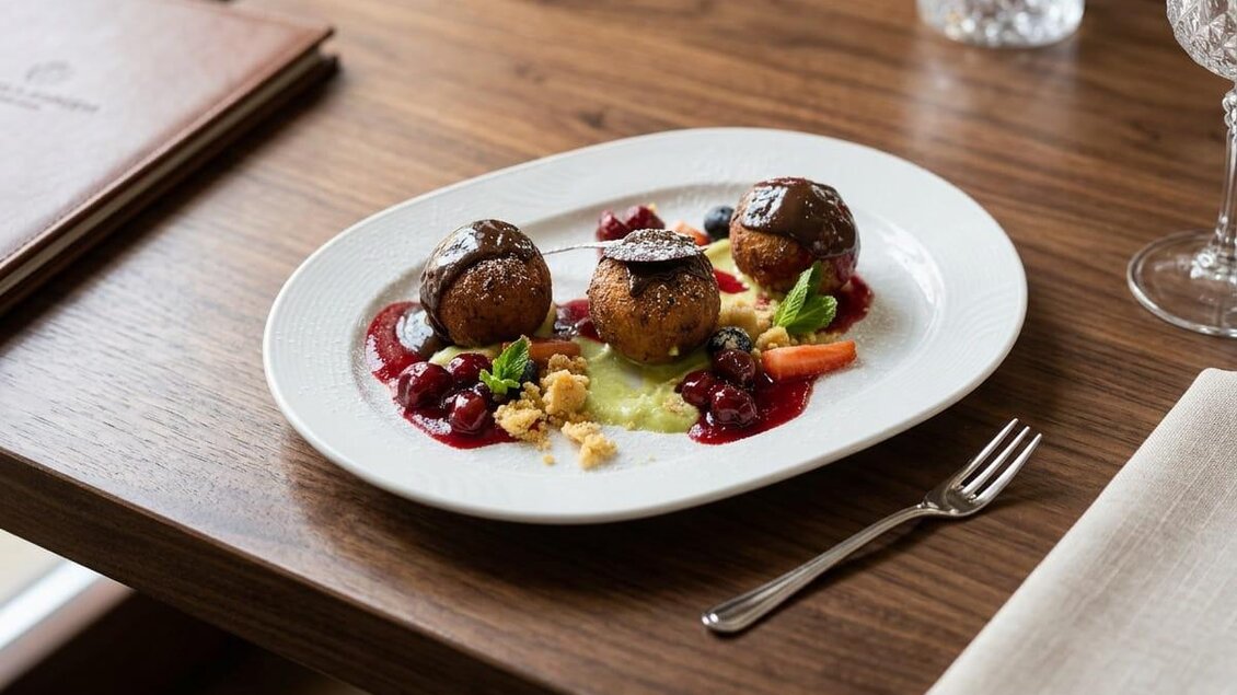 Papanasi mit Schokoladensauce, Beeren und Creme auf einem weißen Teller. | © Gabriel Ortet Boll