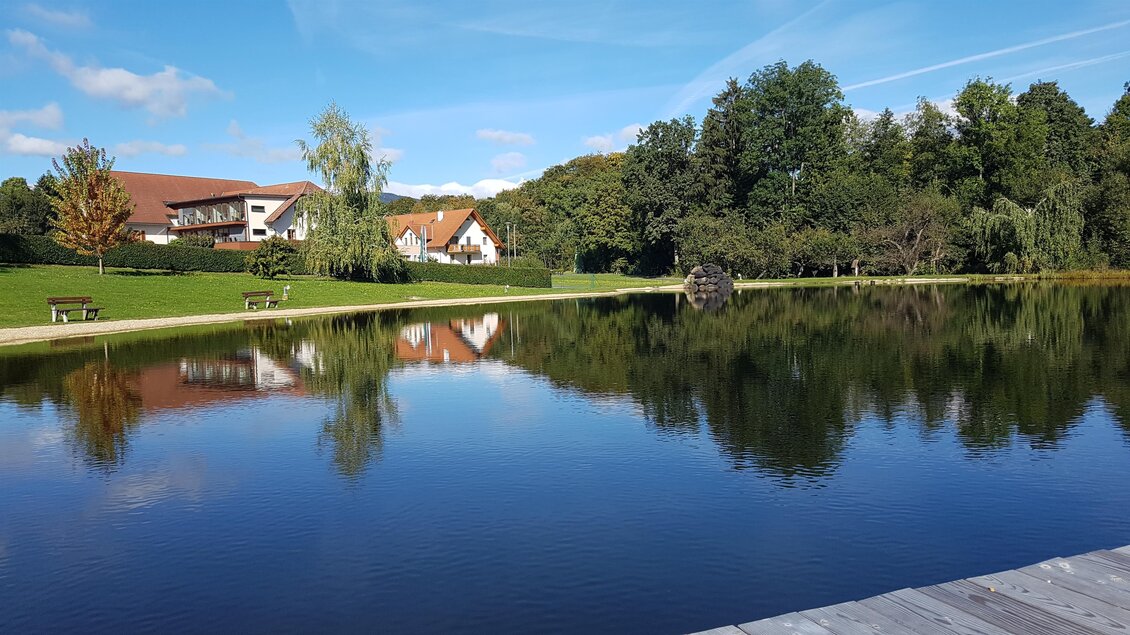 Ein ruhiger See mit spiegelndem Wasser und grünen Bäumen. Im Hintergrund sind schöne Häuser und ein blauer Himmel zu sehen. | © Tourismusverband Oststeiermark