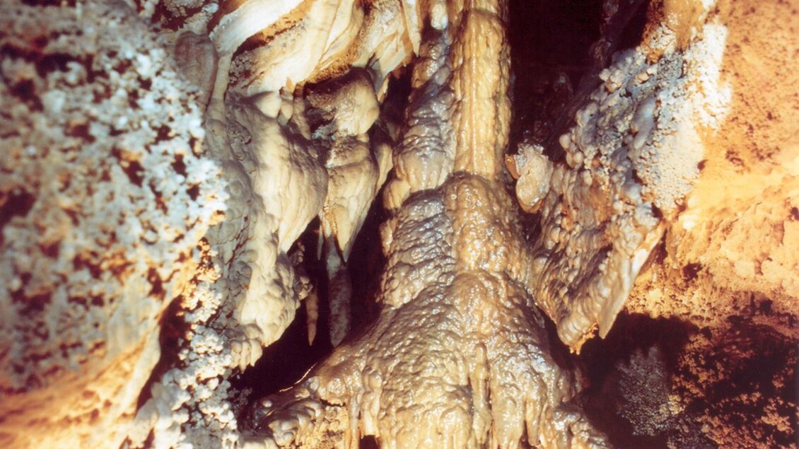 Eine beeindruckende Tropfsteinhöhle mit zahlreichen Stalaktiten und Stalagmiten. Die Formation zeigt verschiedene Texturen und Farben, die das unterirdische Licht reflektieren. | © Fritz Bayerl