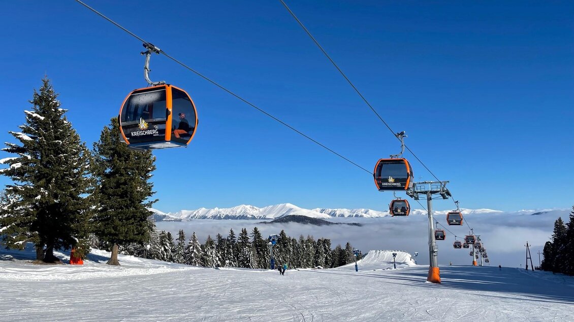 Eine schneebedeckte Landschaft mit einer Seilbahn, die über die Pisten fährt. Der Himmel ist klar und blau, während im Hintergrund Berge sichtbar sind. | © Murtal Seilbahnen Betriebs GmbH