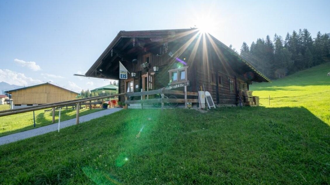 Eine gemütliche Hütte in einer grünen Wiese, umgeben von Bäumen. Die Sonne scheint hell hinter dem Dach. | © Alwin Strasser