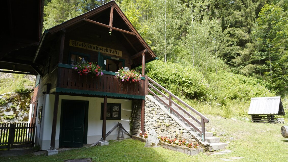 Ein traditionelles Hüttengebäude umgeben von grünen Bäumen. Der Eingang hat Blumenkästen und eine Treppe. | © TV Hochsteiermark/Amelie Kertelits