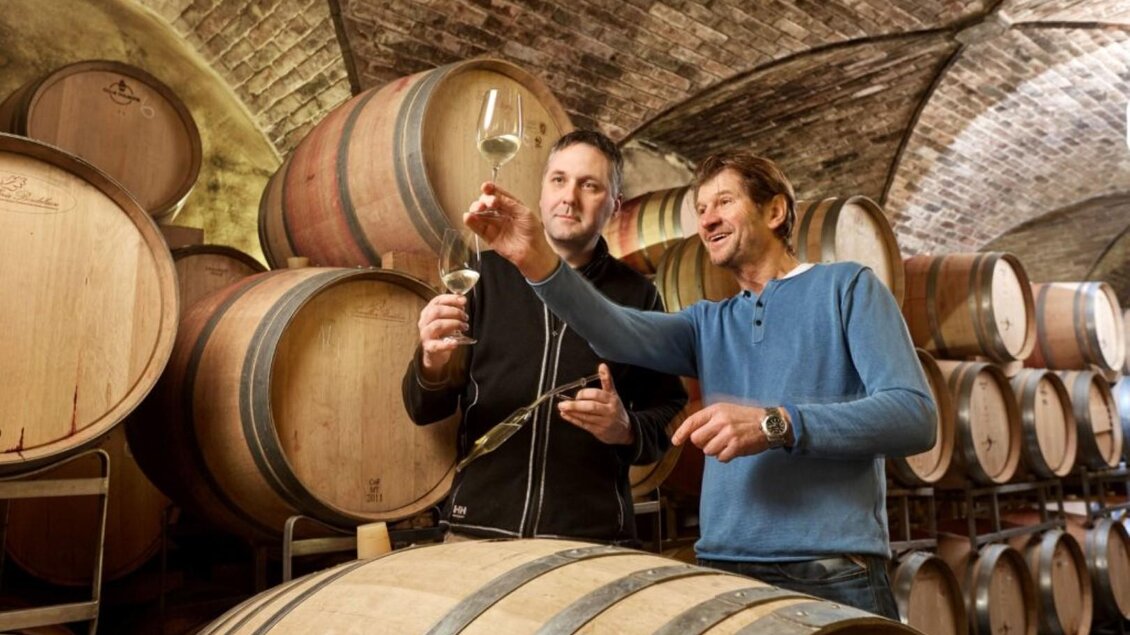 Zwei Männer stehen in einem Weinkeller und halten Gläser mit Wein. Im Hintergrund sind zahlreiche Holzfässer zu sehen. | © Skoff Original