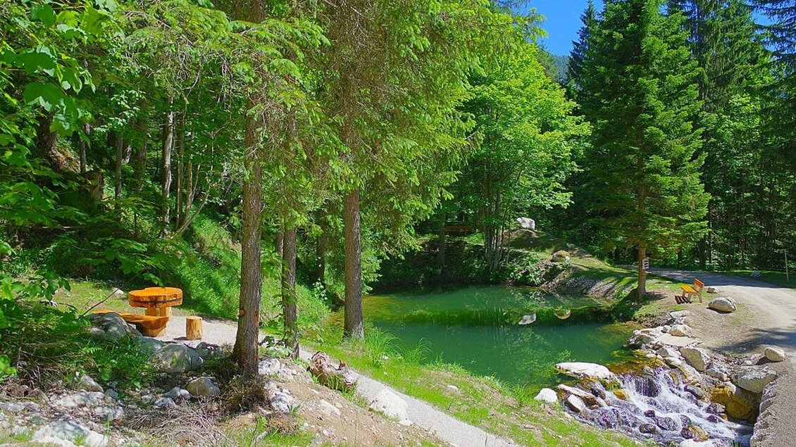 <p><p>Ein ruhiger Teich der Sagtümpel, umgeben von üppigem Grün und hohen Bäumen in Tauplitz. Ein kleiner Wasserfall fließt sanft in den Teich.</p></p> | © TVB Ausseerland Salzkammergut/Robert Seebacher