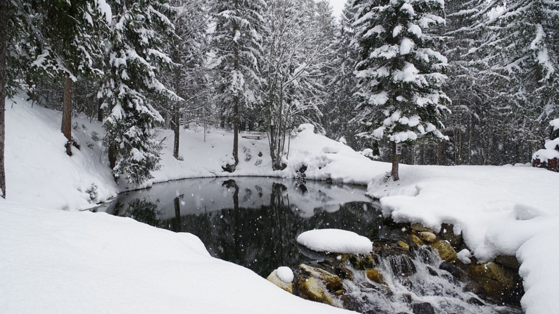 <p><p>Eine verschneite Landschaft mit hohen Tannenbäumen und einem kleinen, gefrorenen Teich dem Sagtümpel in Tauplitz. Sanfter Schnee fällt auf die ruhige Szenerie.</p></p> | © TVB Ausseerland Salzkammergut/Robert Seebacher