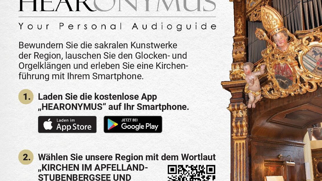 Ein grafisches Plakat für einen kostenlosen Audioguide namens "HEARONYMUS". Es zeigt Anweisungen zur Nutzung der App, um sakrale Kunstwerke und Kirchenführungen in der Region zu erkunden. | © Oststeiermark Tourismus