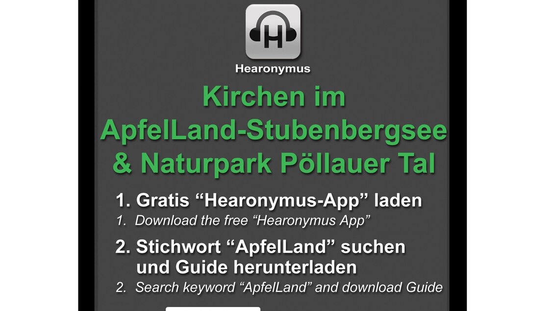 Ein Smartphone mit einem kostenlosen Audioguide für Kirchen im ApfelLand-Stubenbergsee und Naturpark Pöllauer Tal. Der Bildschirm zeigt Anweisungen zur App und einen QR-Code zum Herunterladen des Guides. | © Tourismusverband Oststeiermark