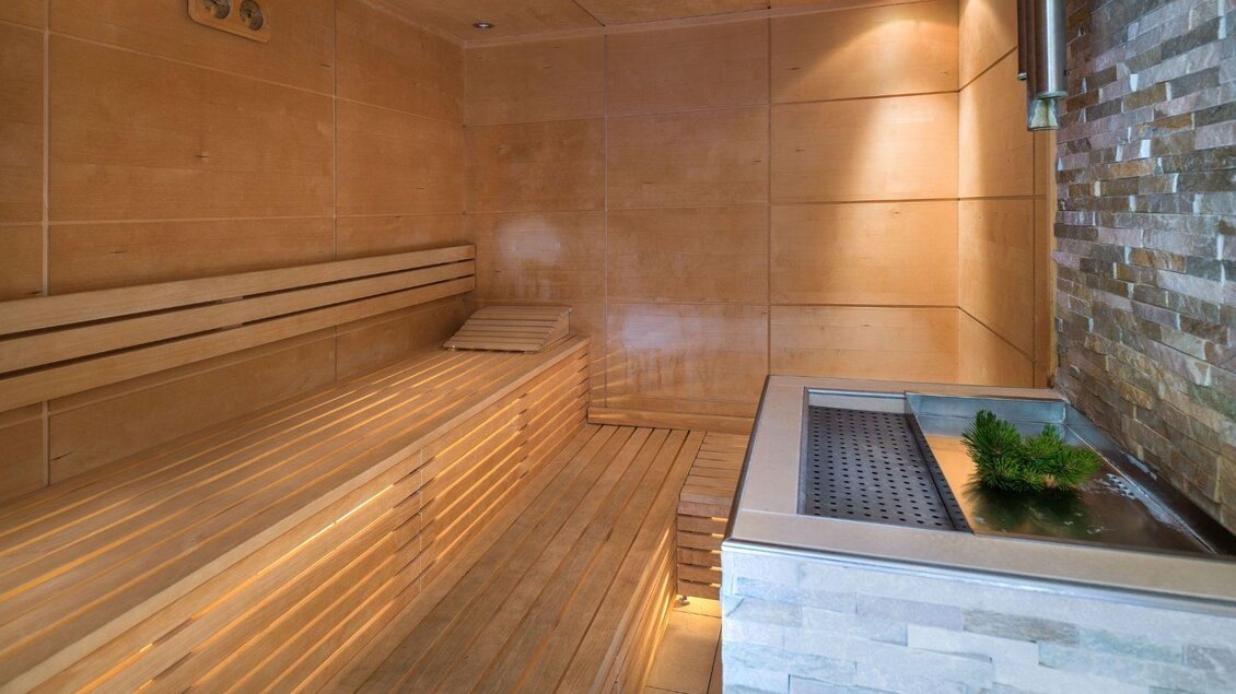 Eine moderne Sauna mit Holzbänken und einem Steinwand-Design. Daneben befindet sich ein kleiner Wasserbereich mit Pflanzen. | © JUFA Hotels