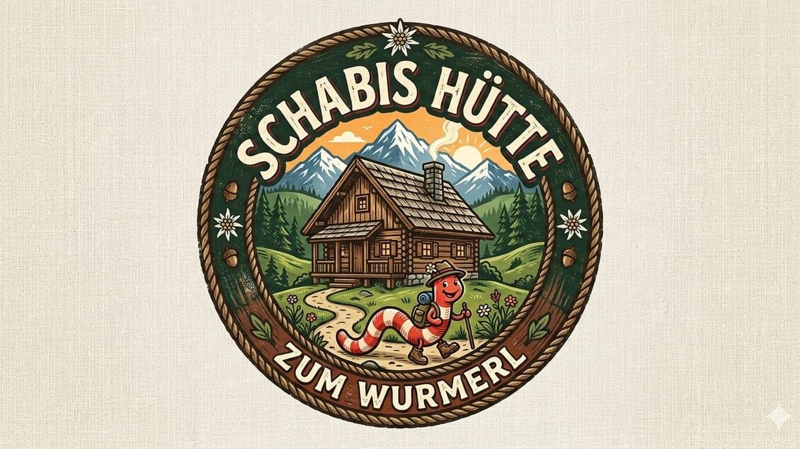 Ein kreisförmiges Emblem mit einer Almhütte und Bergen im Hintergrund. Ein fröhlicher Wurm trägt einen Hut und wandert auf einem Weg. | © Schabhüttl