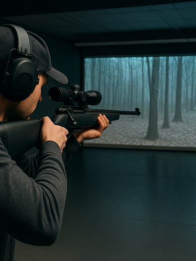 Eine Person schießt mit einem Gewehr auf ein simuliertes Waldszene auf einer Leinwand. Der Raum ist dunkler, und die Person trägt Kopfhörer zum Schutz. | © TVB Murau