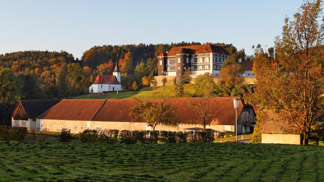 Eine malerische Landschaft mit einem historischen Gebäude und Herbstbäumen. Im Vordergrund sind offene Felder und Scheunen sichtbar. | © Tourismusverband Oststeiermark
