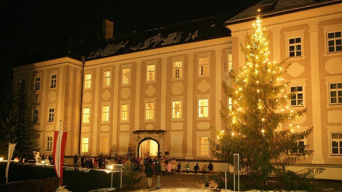 Eine festlich beleuchtete Fassade eines Gebäudes in der Nacht. Im Vordergrund steht ein geschmückter Weihnachtsbaum. | © www.piber.com