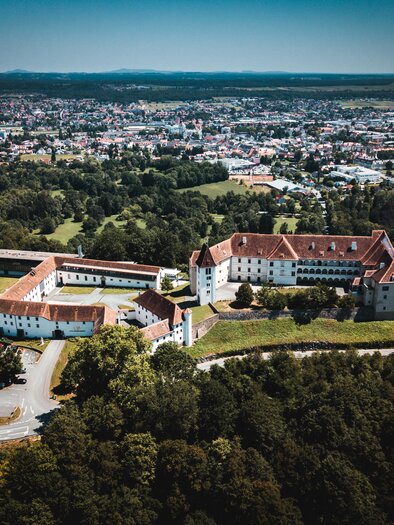Eine beeindruckende Ansicht eines historischen Schlosses, umgeben von grünen Wäldern und einer Stadt im Hintergrund. Die Architektur ist markant und gut erhalten. | © Patrick Schadler | shutterstock.com