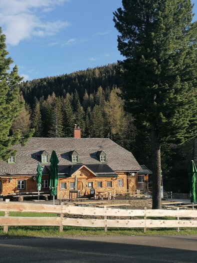 Ein charmantes Holzhaus umgeben von hohen Bäumen und einer idyllischen Landschaft. Im Hintergrund ist ein alter, steinerner Turm zu sehen. | © Herbert Schönhart