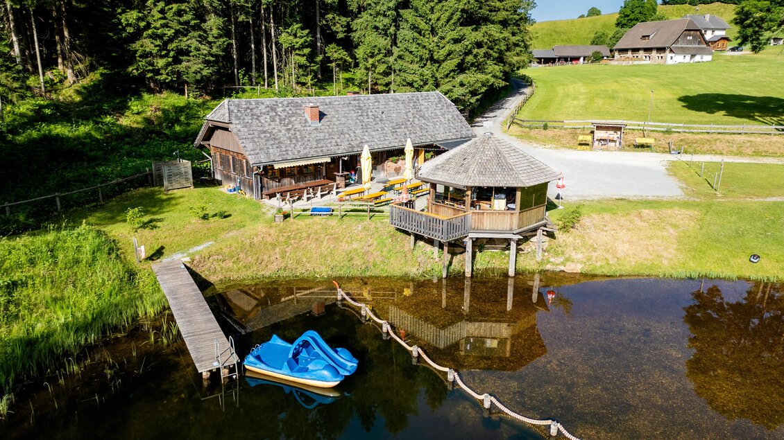 Ein schönes Holzhaus am Ufer eines Teiches, umgeben von grünen Bäumen. Ein blauer Tretboot liegt am Steg, und im Hintergrund ist eine Wiese zu sehen. | © TVB Murau