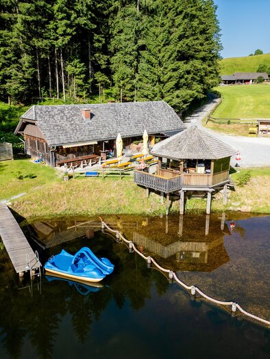 Ein schönes Holzhaus am Ufer eines Teiches, umgeben von grünen Bäumen. Ein blauer Tretboot liegt am Steg, und im Hintergrund ist eine Wiese zu sehen. | © TVB Murau