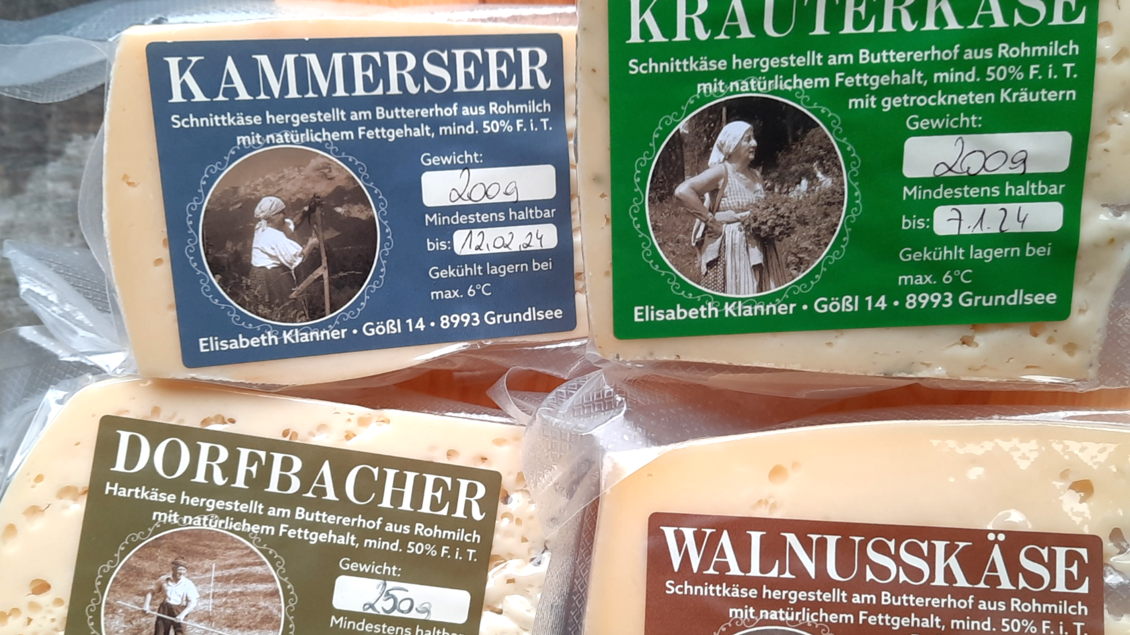 Verschiedene Käsesorten in Packungen mit beschreibenden Etiketten. Die Sorten umfassen Kammerseer, Kräuterkäse, Dorfbacher und Walnusskäse. | © Butterer Hofladen