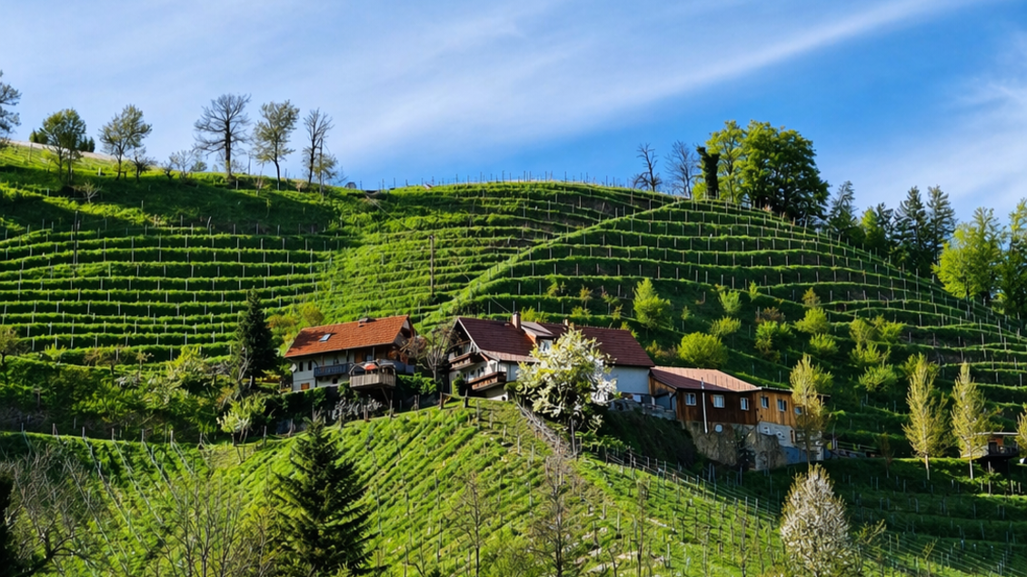 Eine malerische Weinlandschaft mit sanften Hügeln und Reihen von Reben. Im Vordergrund stehen einige Häuser und grüne Bäume. | © Angelina Skerget