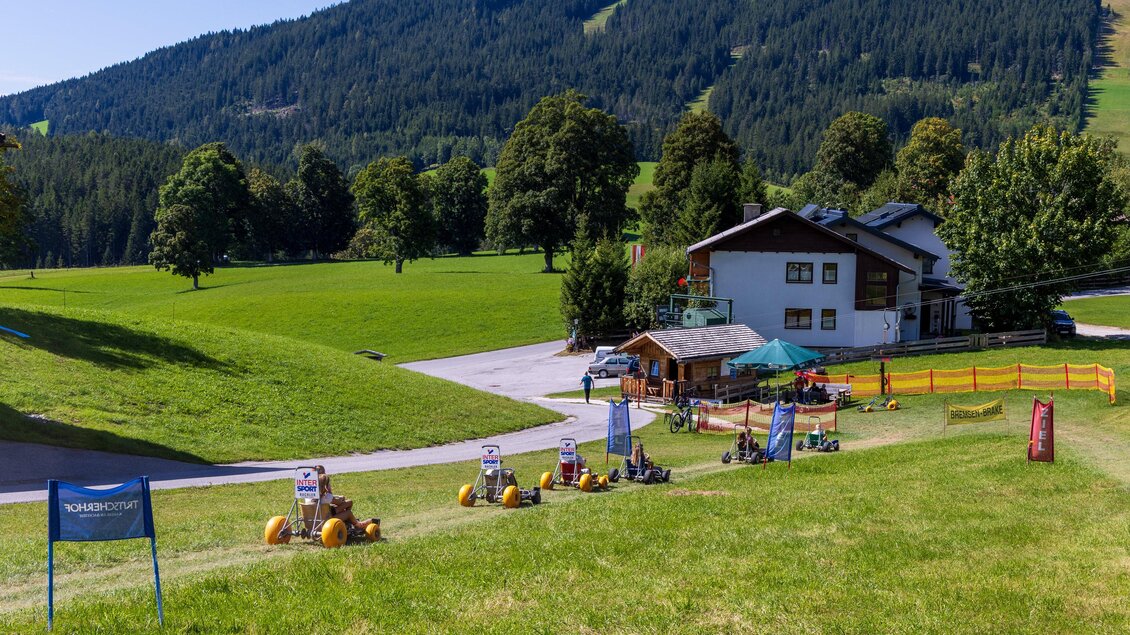Eine grüne Wiese mit einem Ferienhaus und Blick auf die Berge. Im Vordergrund sind einige bunte Strukturen und Schilder aufgestellt. | © Hans-Peter Steiner