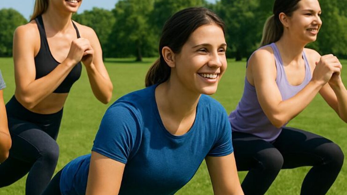 Eine Gruppe von Frauen macht Sport im Freien. Sie üben Lunges auf einer grünen Wiese und lächeln dabei. | © Gabi Ruthofer