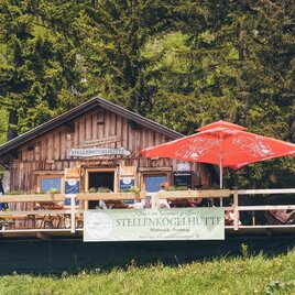 <p>Die Stellenkogelhütte ist eine typische Berghütte mit einer gemütlichen Terrasse und roten Sonnenschirmen. Umgeben von Bäumen und schöner Natur.</p> | © Krewenka