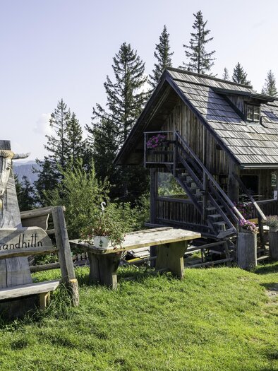 Eine gemütliche Alm mit Holzbau und einem einladenden Außenbereich. Umgeben von grünen Wiesen und hohen Bäumen, bietet sie einen schönen Blick in die Natur. | © Oststeiermark Tourismus
