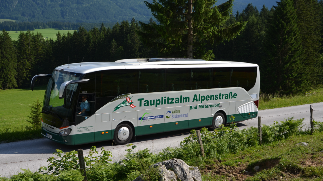 Ein Bus fährt die traumhafte Tauplitzalm Alpenstraße hinauf zum Hochplateau, umgeben von der sommerlichen Landschaft in Bad Mitterndorf.
 | © Tauplitzalm Alpenstraße GmbH & KG
