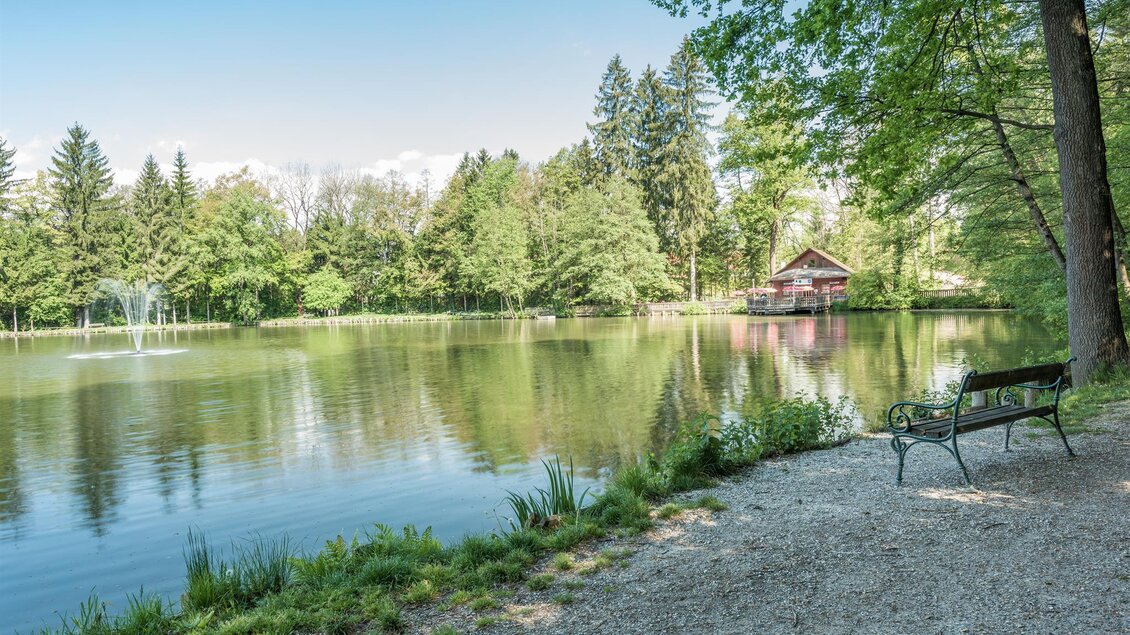 Blick über den See beim Teichwirt in Voitsberg mit Uferweg, Bank und Bäumen. | © Die Abbilderei