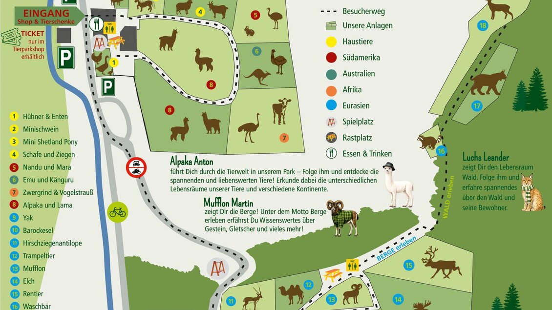 Eine Karte des Tierparks Tragöb mit verschiedenen Tiergehegen und Besucherwegen. Wichtige Informationen zu den Attraktionen und Parkplätzen sind ebenfalls enthalten. | © Tierpark Tragöß