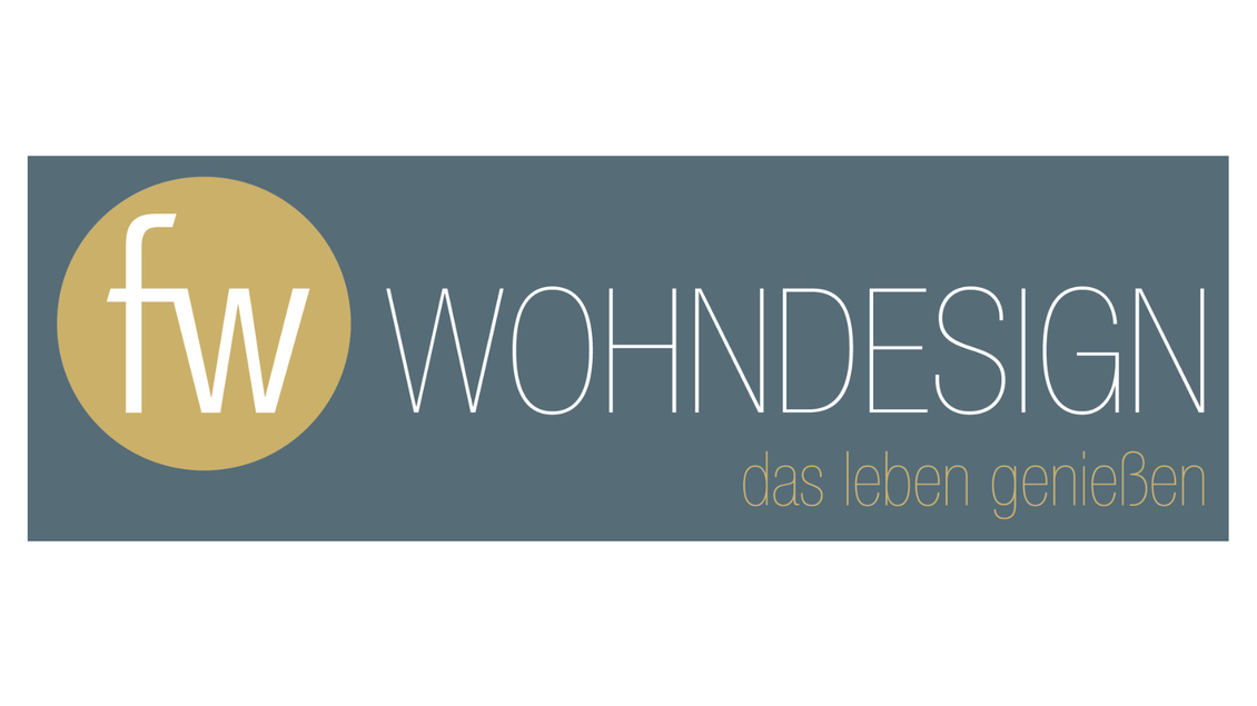Ein modernes Logo für ein Wohn-Design-Unternehmen. Es kombiniert die Initialen „fw“ mit dem Schriftzug „WOHNDESIGN“ in zeitgemäßer Schrift. | © fw Wohndesign