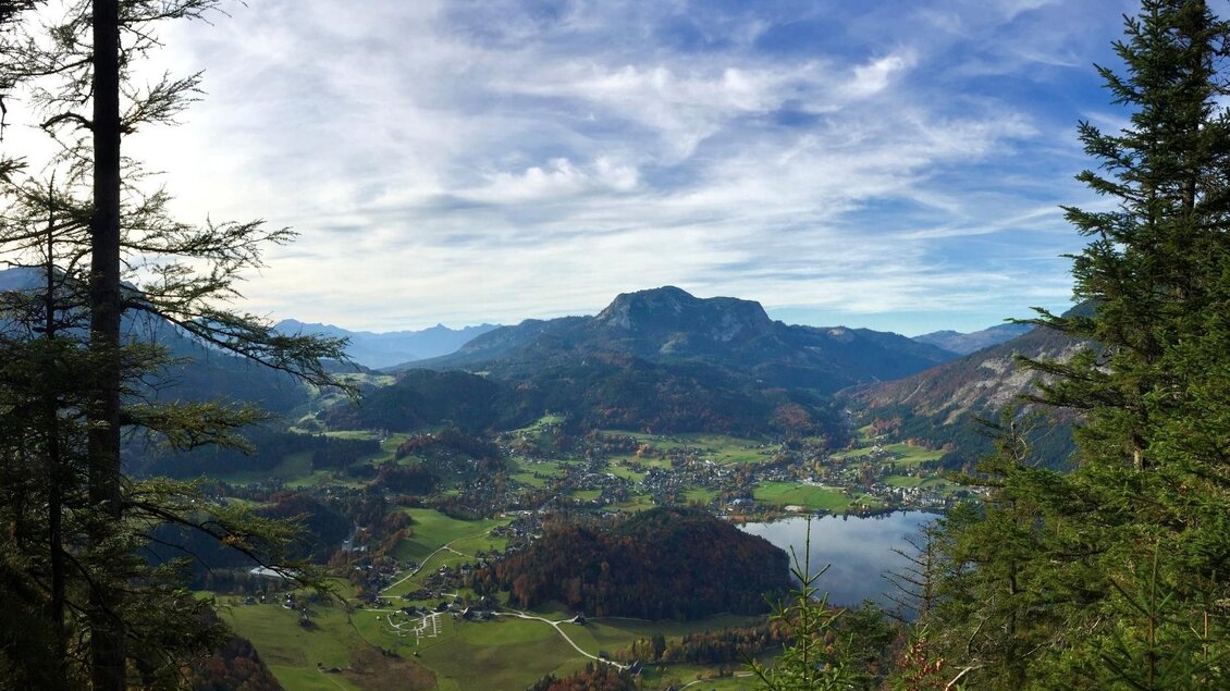 Die wunderschöne Aussicht von der Aussichtsplattform Tressensteinwarte, mit einem Panoramablick in Richtung Altaussee und Pötschen. Das Bild ist umrahmt von hohen Bäumen, mittig ist der von grünen Wiesen umgebene Ort Altaussee, und das Ufer des Altausseer Sees zu sehen. Der Himmel ist blau und von feinen Wolken durchzogen. | © Bettina Scheck