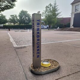 Ein Trinkbrunnen steht in einem offenen Platz. Die Umgebung ist ruhig mit Bäumen im Hintergrund. | © Thermen- & Vulkanland