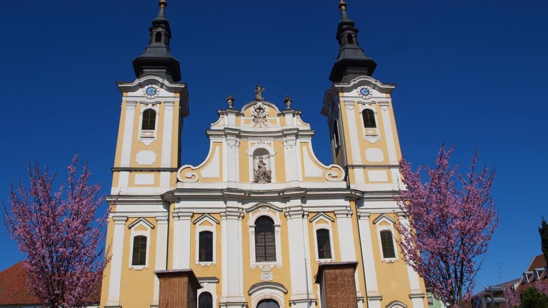 Eine beeindruckende Kirche mit einer hellgelben Fassade und zwei hohen Türmen. Vor der Kirche blühen pinke Bäume im Frühling. | © Andreas Ruckenstuhl
