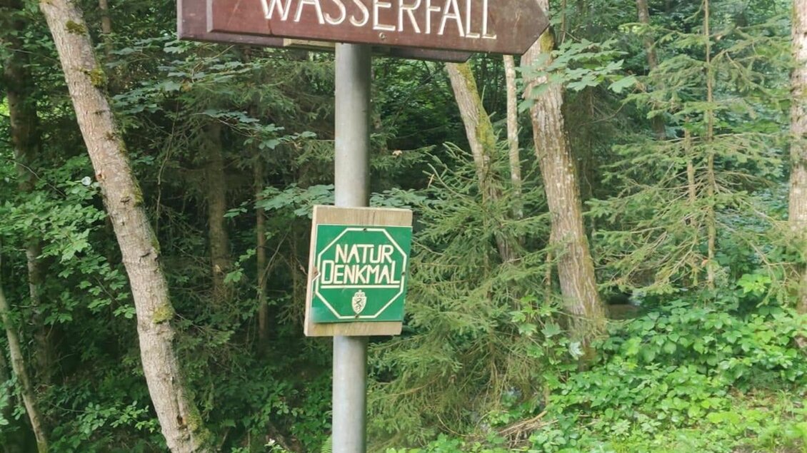 Ein Wegweiser zum Wasserfall in einem grünen Wald. Die Umgebung ist mit Bäumen und üppigem Pflanzenbewuchs bedeckt. | © Ferienwohnung Steirerglück