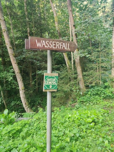 Ein Wegweiser zum Wasserfall in einem grünen Wald. Die Umgebung ist mit Bäumen und üppigem Pflanzenbewuchs bedeckt. | © Ferienwohnung Steirerglück