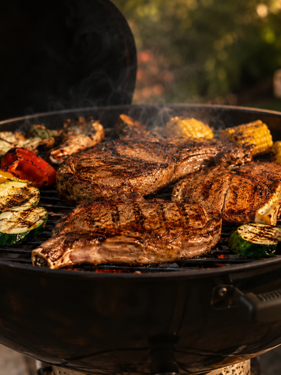 Fleisch, Mais und Gemüse werden auf einem Holzkohlegrill im Freien über offenem Feuer gegrillt. | © ChatGPT-Christine Rotschädl