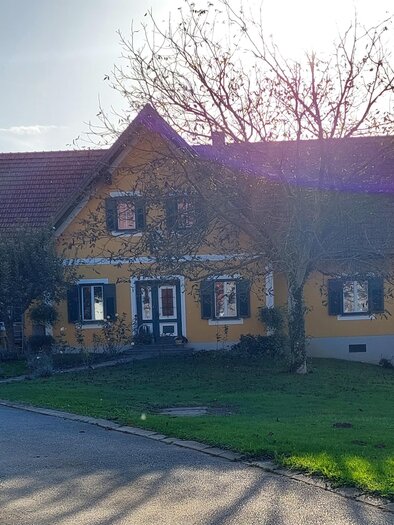 A charming, yellow house with a red roof and large windows. The garden is green and well-maintained, surrounded by trees. | © CZ
